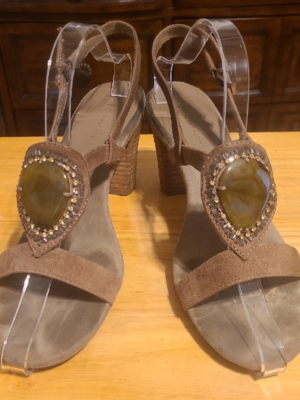 Ann Klein Beaded T-Strap Sandal with Olive Gem